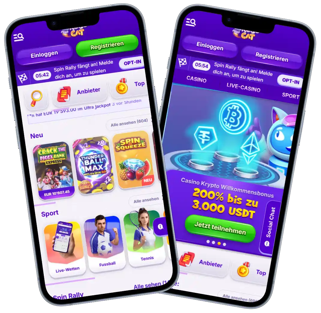 RoboCat Casino Dashboard mit Spielautomaten und Wettoptionen