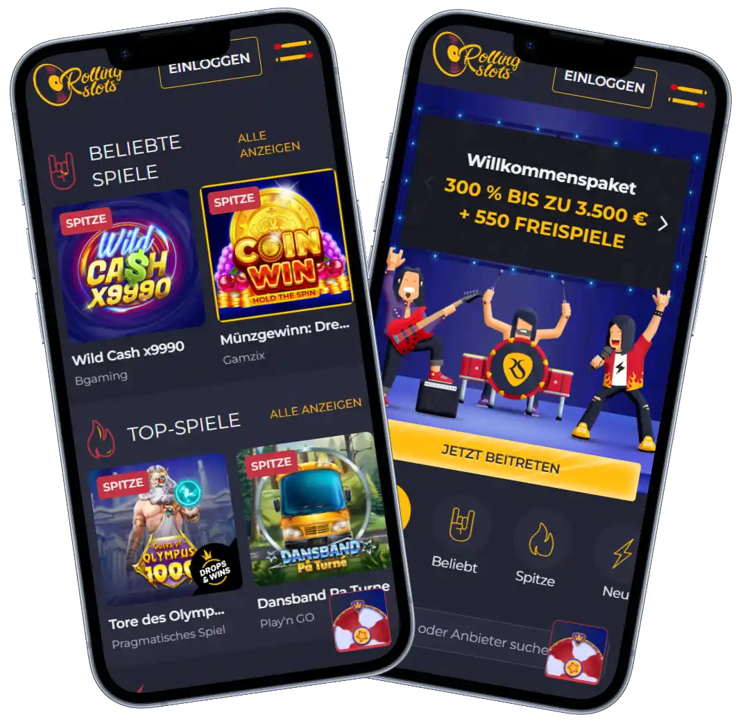 Rolling Slots Casino Lobby mit Spielautomaten und Bonusaktionen