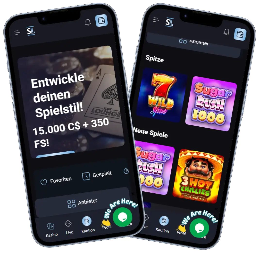 SlotLounge Casino Startseite mit Spielautomaten und Bonusbereich